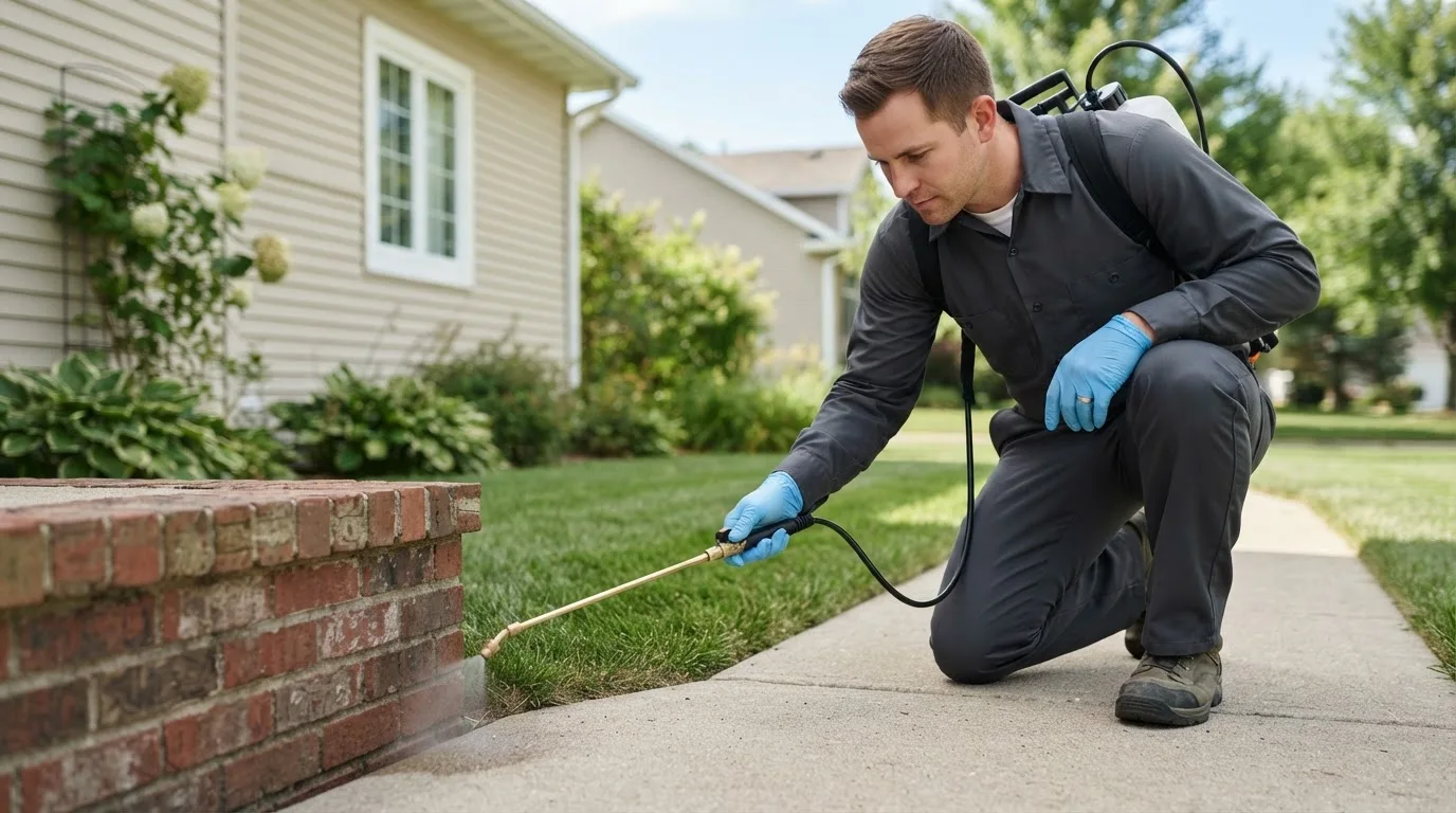 Pest control technician treating a home near Berlin, NH